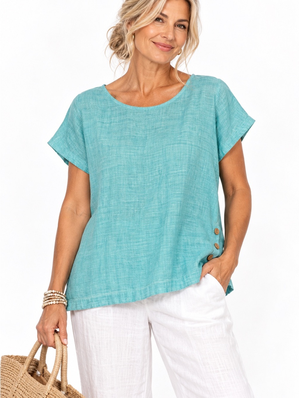 C&C California Linen Light Aqua Short-Sleeve Tunic with Side Button Accents - XL